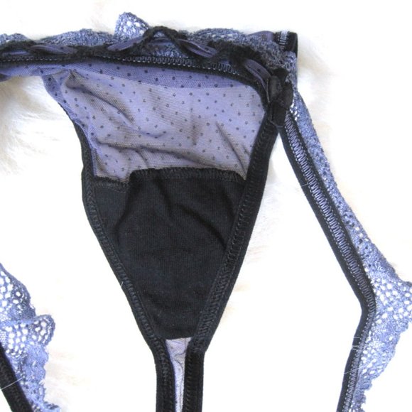 Purple Black Polka Dot Lace Padded Demi Bra Thong Set, Convertible Straps, 36B L - Picture 6 of 7